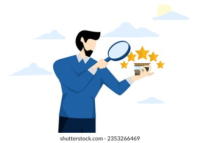 concepto de valoración de propiedades o evaluación de precios, valoración de viviendas por valor de mercado, venta de viviendas, valoración o revisión de bienes inmuebles, tasador de empresas revisando propiedades con calificación de estrellas.