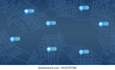 Concept of property valuation. Selection, inspection of buildings, houses, offices for rent or purchase on a city map. Exploring available properties, potential choices. Editable vector illustration