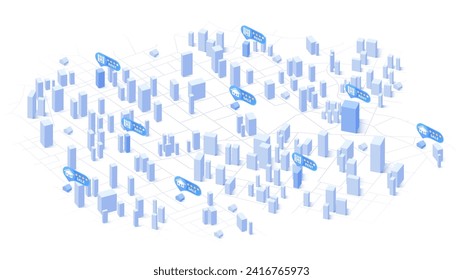 Concept of property valuation. Selection, inspection of buildings, houses, offices for rent or purchase on a city map. Exploring available properties, potential choices. Editable vector illustration