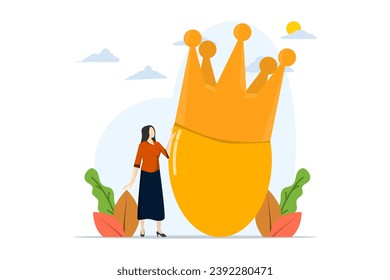 Concept of prosperity or valuable assets, golden egg investment, valuable retirement fund, wealth or savings, 401k or IRA, rich woman with crown wearing precious golden egg.