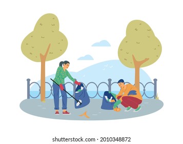 Concept Of Protect Ecology And Environment. People Ecologists Or Volunteers Clean Up City Street, Town Park Or Sea Front Collecting Trash In Garbage Bags. Vector Illustration.