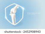Concept of protecting bones and knee joints or treatment of medical services With shield symbol and leg bone on a blue background. Clinic, specialized hospital, food and vitamins. Vector file.