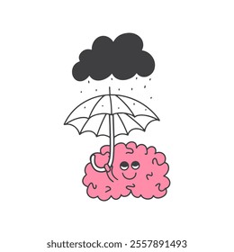 Concept of protecting and caring for your mental health. Cartoon healthy brain holds an umbrella in his hand and hides from the rain. 