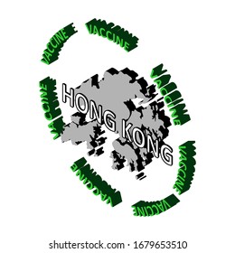 The concept of protecting the country's population from coronavirus, a vaccine against coronavirus, covid-19. Vector isometric map of Hong Kong surrounded by the word vaccine. Vaccine saves