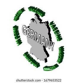 The concept of protecting the country's population from coronavirus, a vaccine against coronavirus, covid-19. Vector isometric map of Germany surrounded by the word vaccine. Vaccine saves