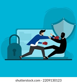 the concept of protecting data. data leak. Cybersecurity digital file protection. man protects data by punching thief who wants to access digital files