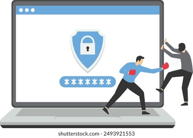 the concept of protecting data. data leak. Cybersecurity digital file protection. man protects data by punching thief who wants to access digital files

