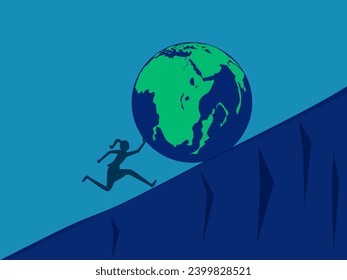 Concept of protecting the earth from a warming climate. woman pushes the falling earth. Vector 