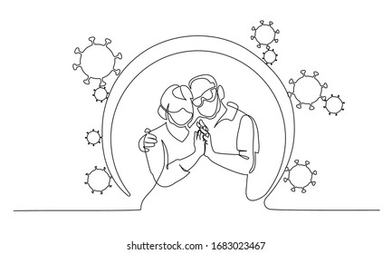 Concept of protecting elderly couple from coronavirus hazard. Old grandfather and grandmother. Continuous one line drawing. Vector illustration hand drawn.