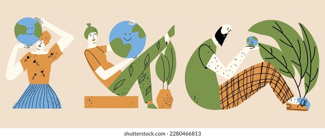 El concepto de protección del medio ambiente, el planeta, la ecología. Colección de personas sosteniendo la Tierra en sus manos. Ilustración del vector con estilo dibujado a mano