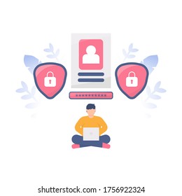 the concept of protecting personal data or identity and securing an account. illustration of a people sitting while using a laptop and setting a password for self-protection. flat designs