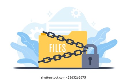 Concept of protecting personal files, privacy file folder and lock. Confidential information protection. Cyber technology. Important documents guarding vector cartoon flat isolated illustration