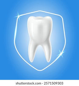 Concept of protecting and preserving dental health. Realistic isolated 3D healthy tooth and shield sign. Teeth treatment in stomatology, toothpaste advertising banner, vector illustration