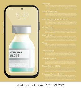 Concept of protecting social media information presented by bottle of vaccine with smartphone and label that with text social media Vaccine and 10 types of social media messages on vanilla background