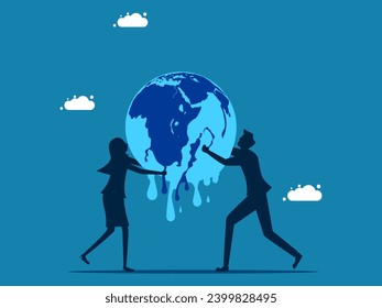 Concepto de proteger al mundo de un clima cálido. Dos hombres de negocios sostienen un globo que se derrite. Vector