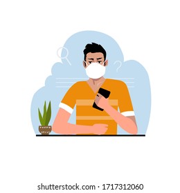 The concept of protecting yourself while at home, working remotely from the phone. Cartoon style. Image of a young man.Vector illustration.