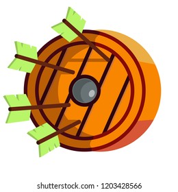 Concept of protection against attacks. Cartoon wooden shield with arrows stuck into it