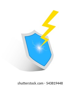The concept of protection. Lightning strikes the shield. Shield and lightning icon. Vector illustration.