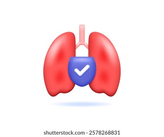 the concept of protection for lung healthy support, safety and treatment. health care. illustration of lung organ and shield with check mark. symbol or icon. minimalist 3d style design. element