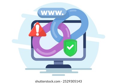 conceito de proteção contra links mal-intencionados. endereços de sites não seguros. endereços de url perigosos e suspeitos. cadeia com símbolo de escudo e sinal de aviso. ilustração de vetor plana.