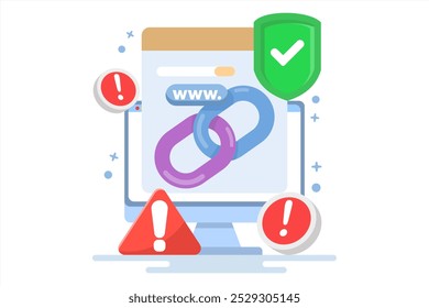 concept of protection from malicious links. unsafe website addresses. dangerous and suspicious url addresses. chain with shield symbol and warning sign. flat vector illustration.