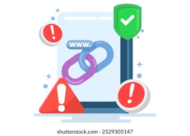 conceito de proteção contra links mal-intencionados. endereços de sites não seguros. endereços de url perigosos e suspeitos. cadeia com símbolo de escudo e sinal de aviso. ilustração de vetor plana.