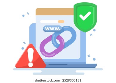 concept van bescherming tegen kwaadaardige links. onveilige websiteadressen. gevaarlijke en verdachte URL-adressen. keten met schildsymbool en waarschuwingsbord. platte vectorillustratie.