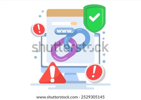 concept of protection from malicious links. unsafe website addresses. dangerous and suspicious url addresses. chain with shield symbol and warning sign. flat vector illustration.