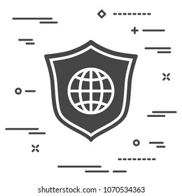 concept of protection is a schematic of the planet earth. flat shield with globe sphere icon on a white background