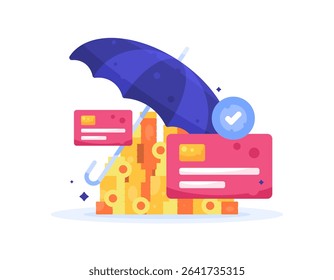 concept of protection and security of payment or finance. insurance money and compensation. illustration of umbrella with stack of gold coins and payment cards. flat style design. elements or assets