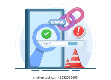 concept of protection system from malicious links. dangerous and suspicious url addresses. unsafe website addresses. chain with shield and warning sign. flat vector illustration.
