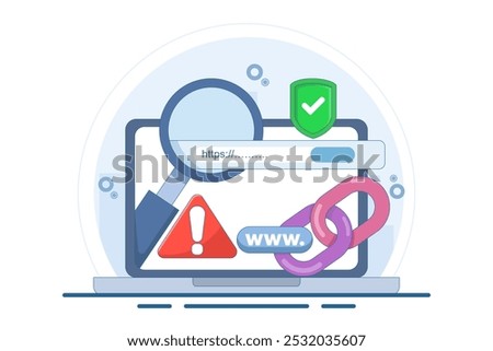 concept of protection system from malicious links. dangerous and suspicious url addresses. unsafe website addresses. chain with shield and warning sign. flat vector illustration.