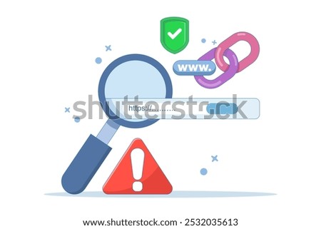 concept of protection system from malicious links. dangerous and suspicious url addresses. unsafe website addresses. chain with shield and warning sign. flat vector illustration.