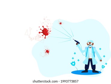 Concept protection virus, COVID-19. Doctors wearing PPE are spraying disinfectants, viruses and bacteria. Vector flat style. Illustration for content eliminates virus, Covid-19, killing, medical 