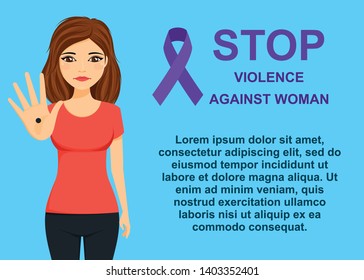 Concept, protest against domestic violence against women. The girl silently asks for help. Banner. Flat style on blue background. Cartoon.