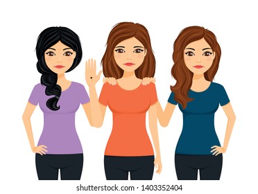 Concept, protest against domestic violence against women. Support and protection of girl victims of domestic violence. Flat style on white background. Cartoon.