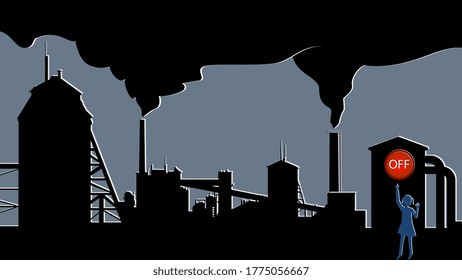 Concept of protest against environmental pollution by factories. Little girl reaches for the red button to turn off the plant. Smoky factory chimneys. Black smoke covers the sky. Vector EPS 10.