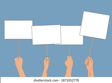 
Concept of protest demonstration, manifesto with help group banners, hands holding banners, banner templates for any text, rally, protests, vector hand draw design, doodles.