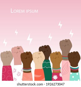 The concept of protest, demonstration, rally, unity, feminism. A group of protesting women of different nationalities and races raised their fists. vector illustration.