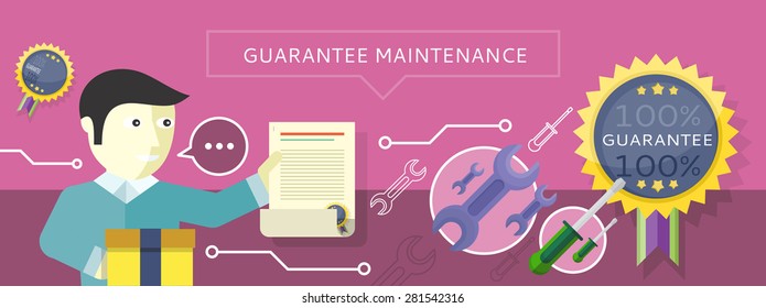 Concept to provide service guarantees maintenance. Man holding a document Guarantee on the purple background. For web banners, promotional materials, presentation templates