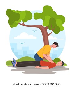 Concept of providing first aid to a patient. A man conducts cardiopulmonary resuscitation to an injured person. Indirect heart massage. Cartoon flat vector illustration isolated on a white background