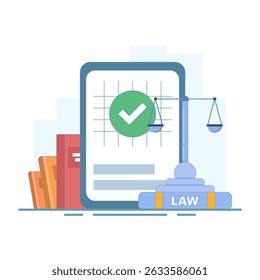 Conceito de prestação de aconselhamento jurídico, assistência contratual, auditoria, consultoria. O conceito de Direito e Justiça, Serviços de advogados, Notário, Consultoria jurídica em negócios e finanças. Design plano.