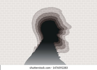 Concept of psychiatric problems and mental health, with a wall of stones in which is cut the silhouette of a profile head that screams and repeats to infinity.