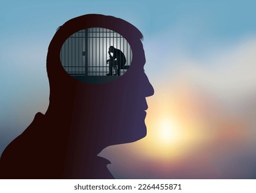 Concepto de sufrimiento psíquico y enfermedad mental con el símbolo de un hombre cuyo cerebro es reemplazado por una celda de prisión.