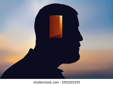 Concept of psychoanalysis with symbolically a door to be crossed to access the consciousness of a man.