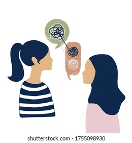 Concept of psychological counselling, one on one conversational therapy. Decluttering emotional thoughts, mental health awareness, working through problems. Vector illustration.