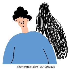 The concept of psychological disorders. A shadow behind a man, a hidden disease. Vector illustration drawn by hand. Mental illnesses