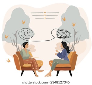 Concept of psychological healing. Woman attending a therapy appointment, engaging with a psychiatrist. Tackling stress, addictive behaviors, and mental hurdles. Vector.