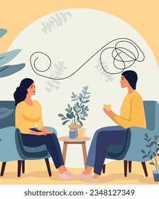 Concept of psychological healing. Woman attending a therapy appointment, engaging with a psychiatrist. Tackling stress, addictive behaviors, and mental hurdles. Vector.