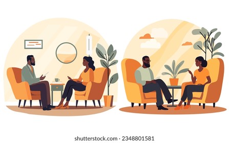 Concept of psychological healing. Woman attending a therapy appointment, engaging with a psychiatrist. Tackling stress, addictive behaviors, and mental hurdles. Vector.